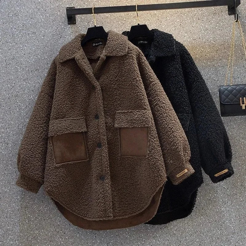 Veste Femme Grande Taille – Fourrure d’Agneau Épaissie, Style Hong Kong Chic, Slim, Automne/Hiver, Tendance Urbaine