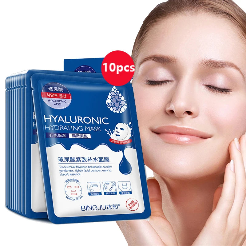 10PCS Hyaluronic Acid Face Mask – Moisturizing, Oil-Control, Anti-Aging, Whitening