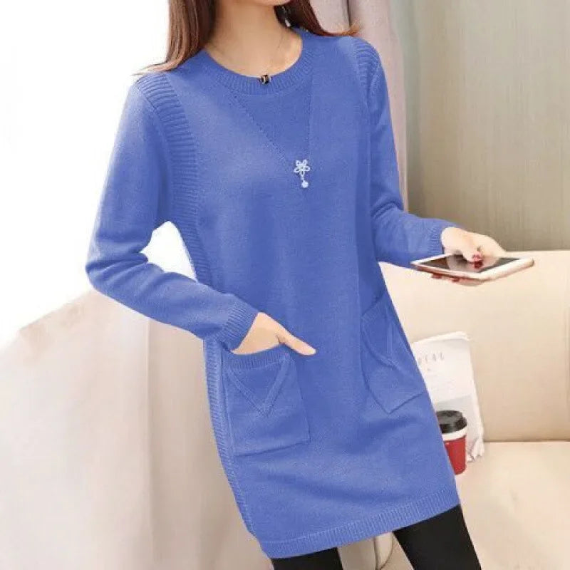 Pull Femme Tricot Mi-Long – Coupe Ample, Doublé Polaire, Style Coréen