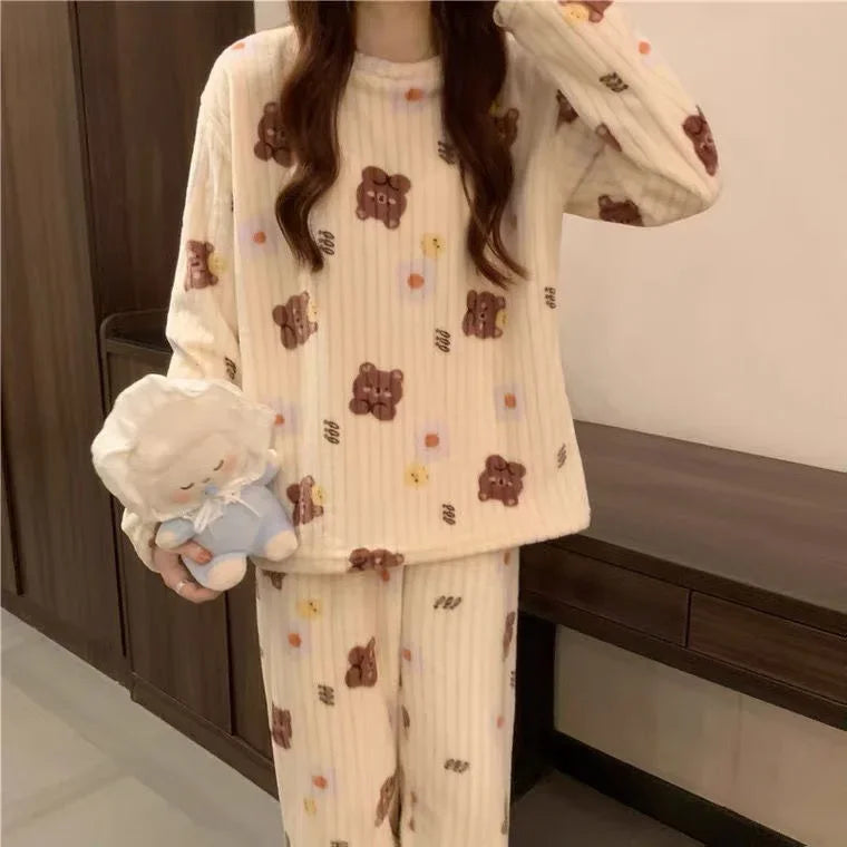 Cute Bear & Rabbit Pink Velvet Pajama Set