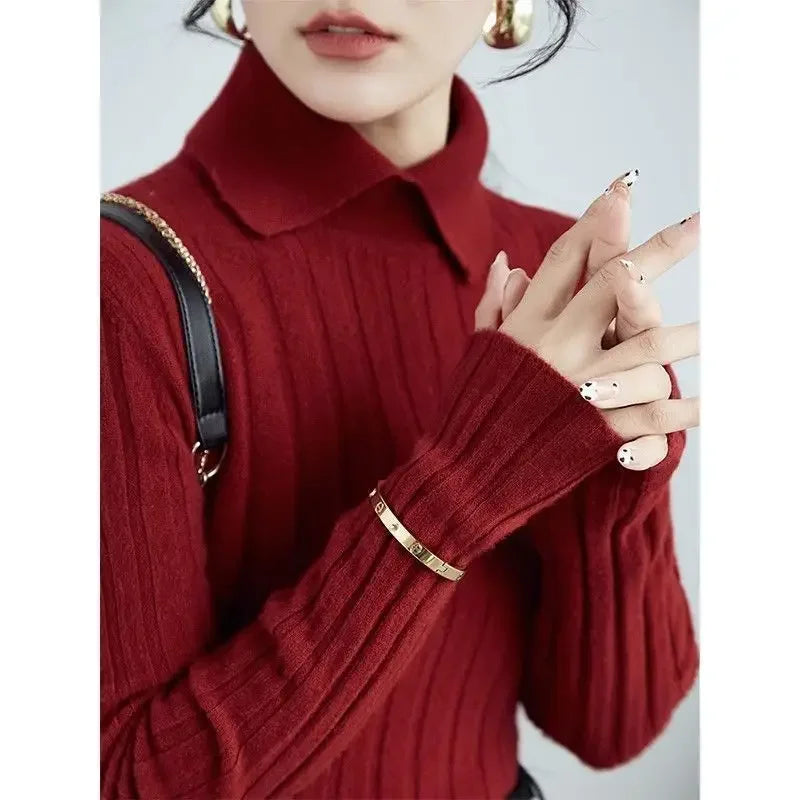 Spring/Autumn French-Style Slim Polo Collar Women's Sweater