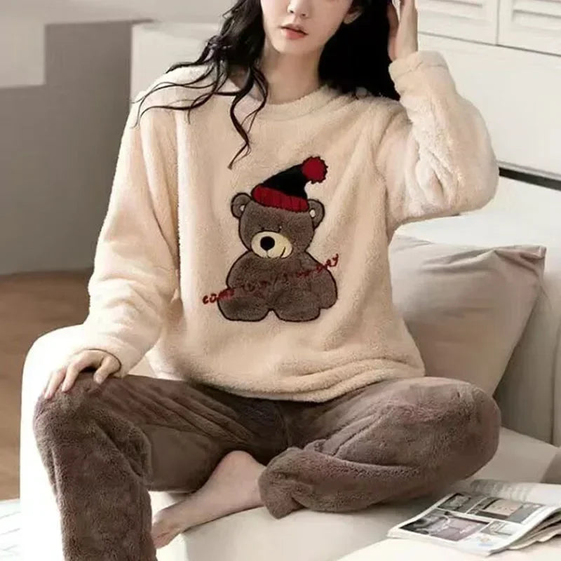 Women’s Flannel Cartoon Bear Loungewear – Long Sleeve & Trouser Two-Piece Set