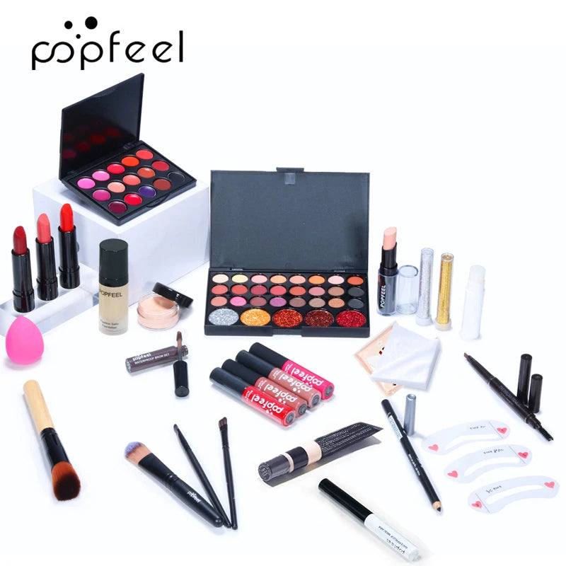 All-in-One Makeup Kit – Full Set, Nude Eyeshadow, Foundation, Primer, Brushes & Lip Gloss, Gift for Women & Teens