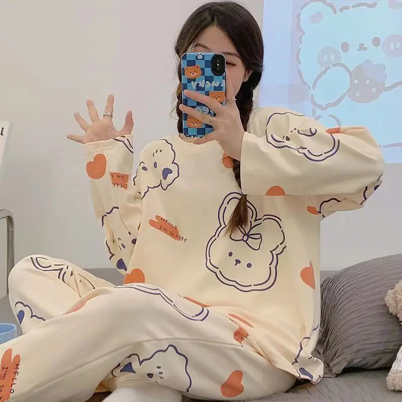 Women’s Cartoon Long-Sleeve Pajamas – Spring & Autumn Homewear Loose Fit
