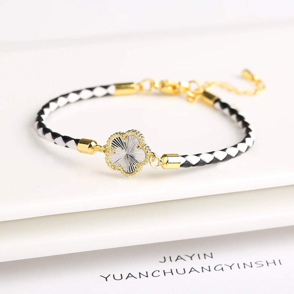 Genuine Leather Five-Leaf Flower Charm Bracelet – Women’s Fashion