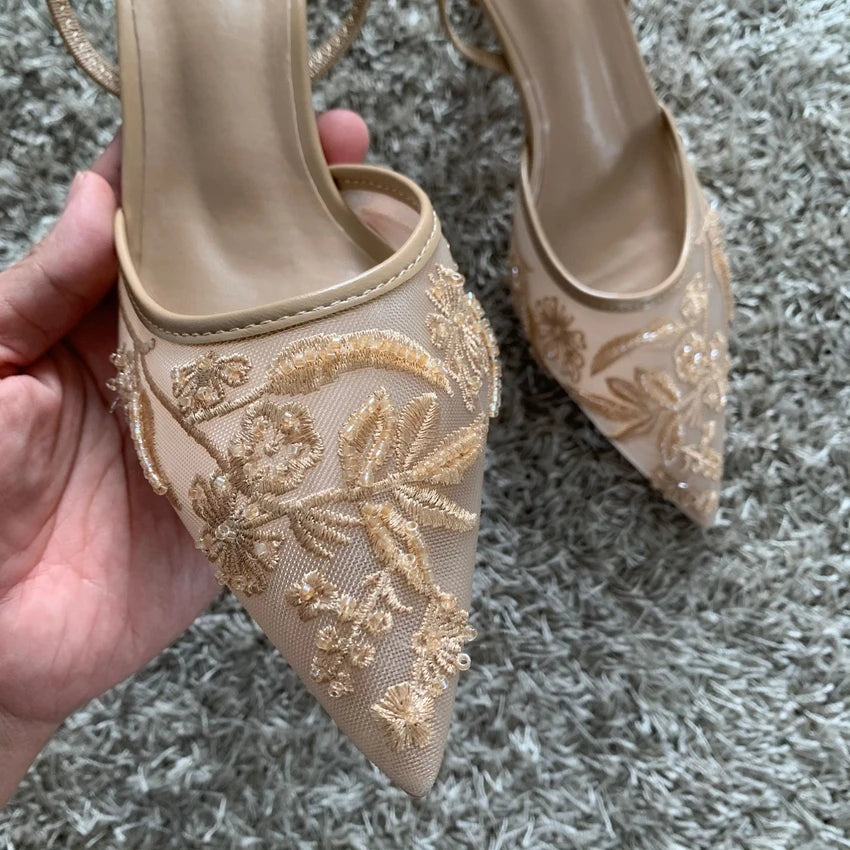 Mesh Embroidered Beaded High Heel Sandals – Women’s Pointed Toe Slingback Mules