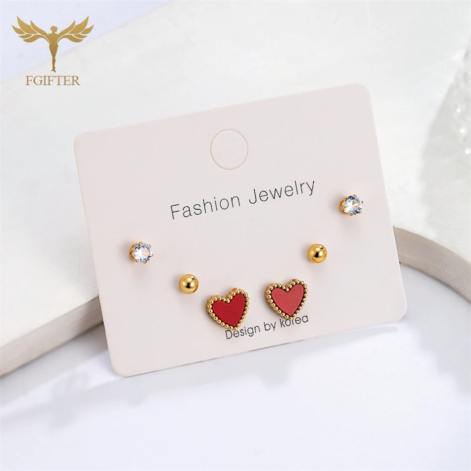 Romantic Heart CZ Ball Stud Earrings – Gold Stainless Steel