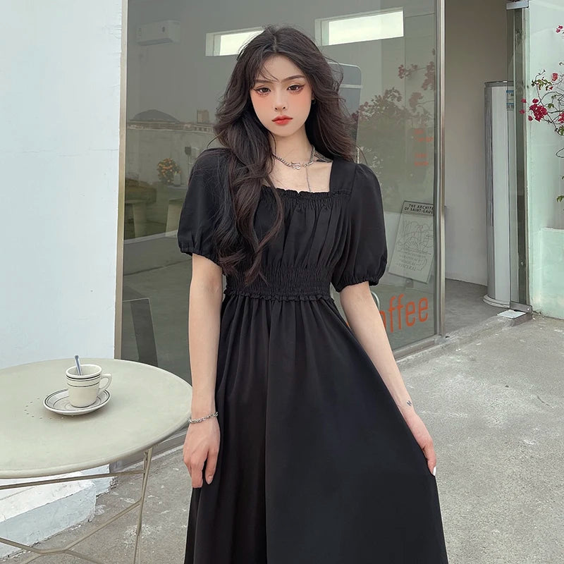 Women Black Square Collar Long Dress Elegant Retro Loose Spring/Autumn