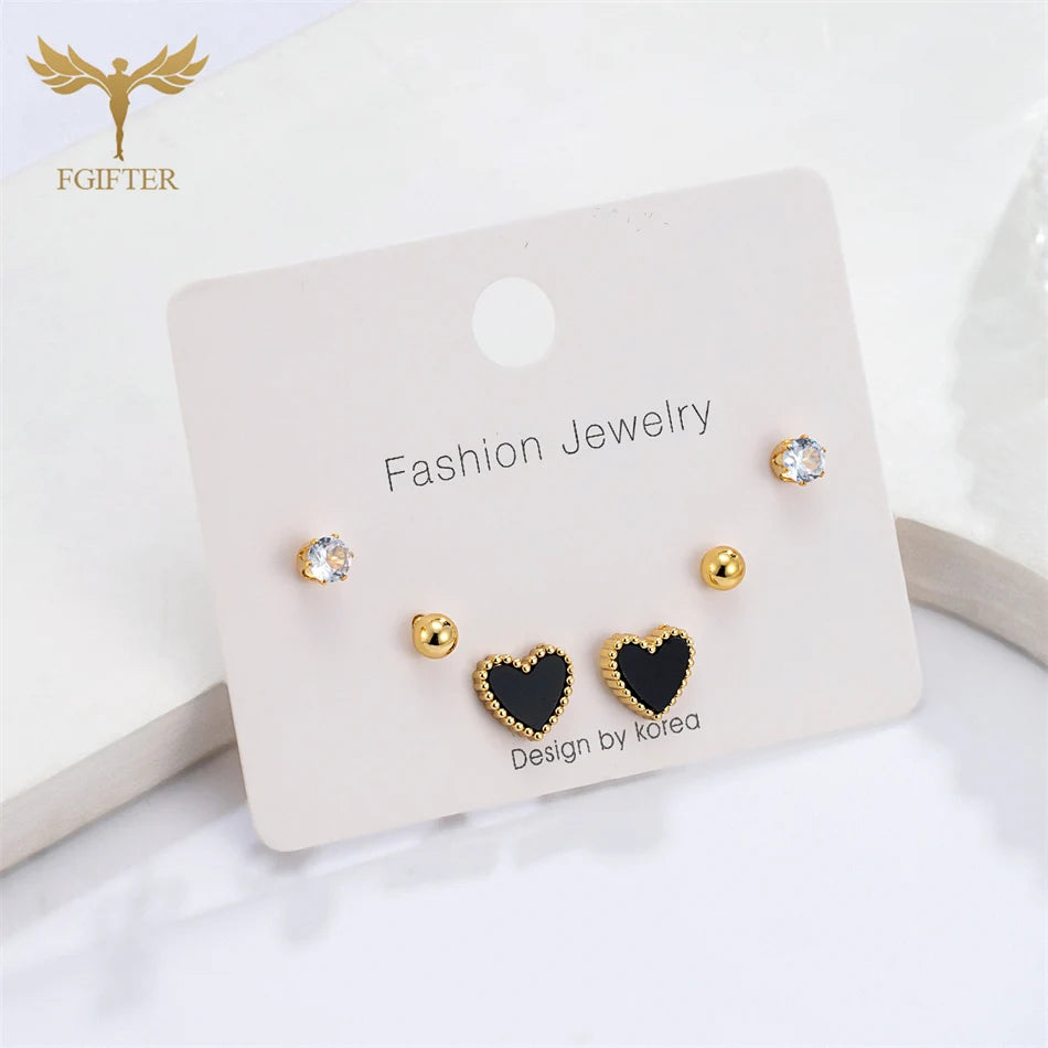 Romantic Heart CZ Ball Stud Earrings – Gold Stainless Steel