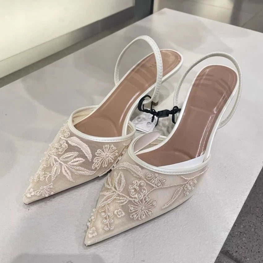 Designer White Mesh Floral Slingback High Heels – Women’s Wedding Pumps
