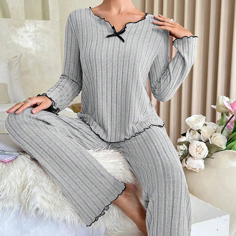 Women Autumn Winter Sleepwear Ribbed Pajamas Set Long Sleeve Top and Long Pants 2 Piece Set Casual Homewear Loungewear