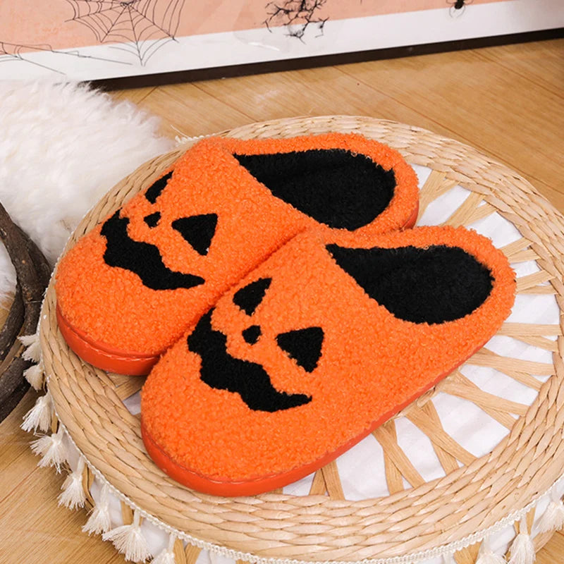 Cozy Halloween Pumpkin Plush Slippers – Women's Non-Slip Indoor Winter Slides