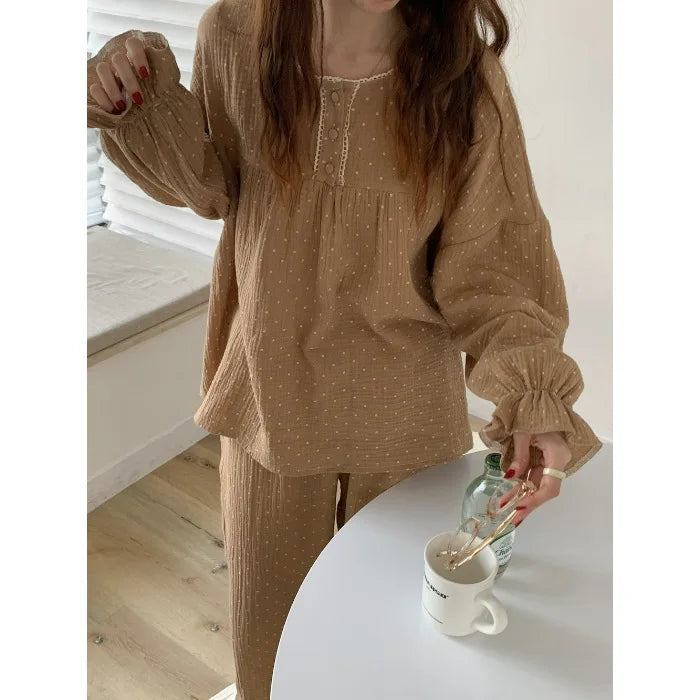 Ladies’ Korean-Style Long Sleeve & Pants Pajama Set – Loose Homewear