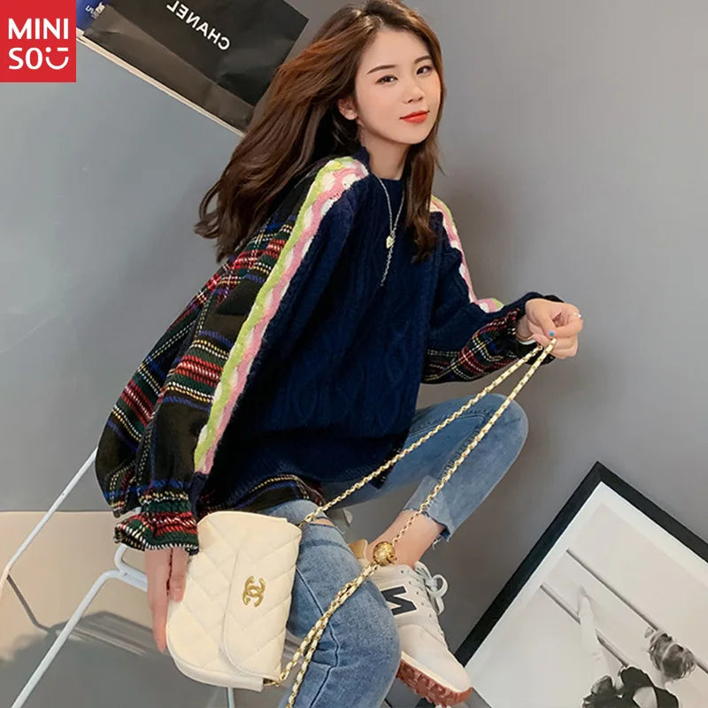 Miniso Oversized Sweater Dress – Patchwork Knit Long Top for Women, Plus Size Casual Style