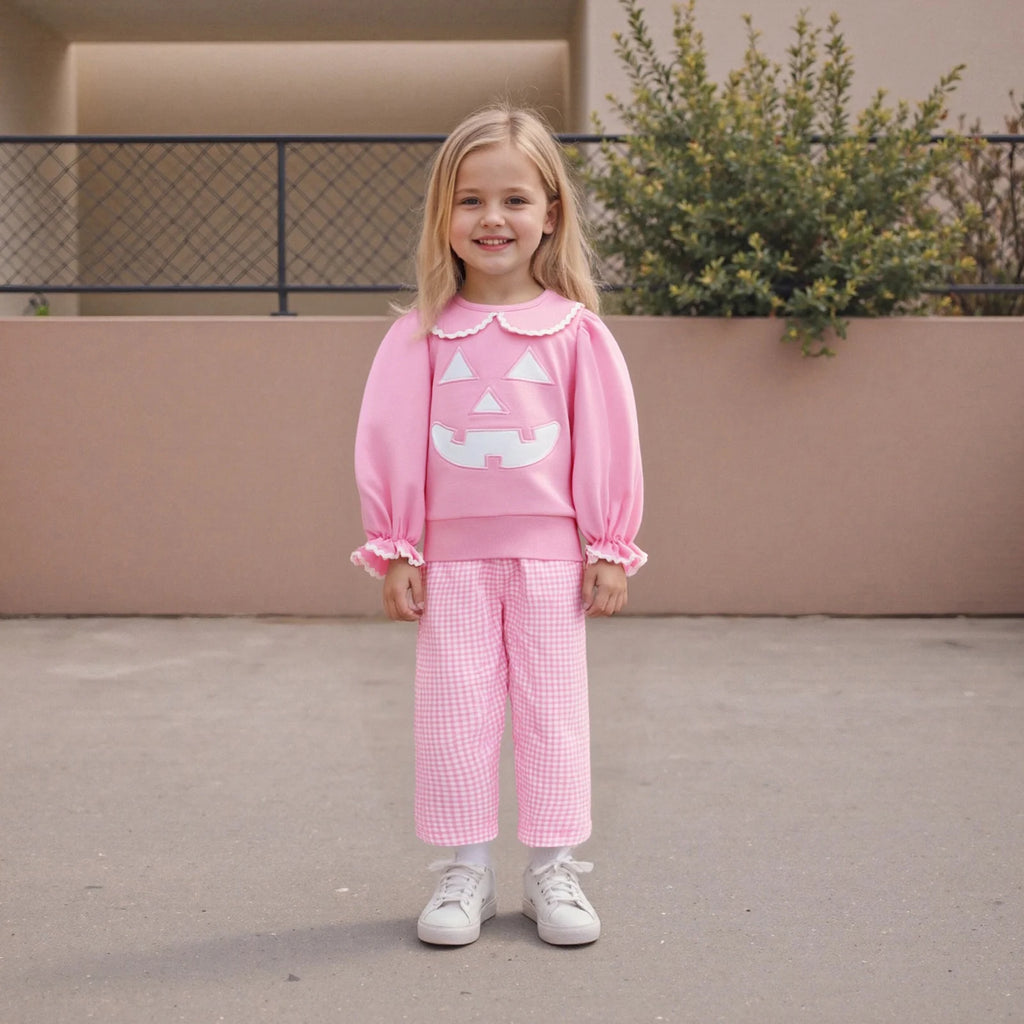 Toddler Girl Halloween Outfit – 2-Piece, Pumpkin Embroidery, Long Sleeve Top & Plaid Pants