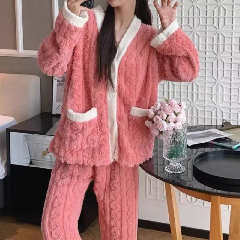 Women’s Autumn & Winter Coral Velvet Pajama Set – Cardigan & Trousers