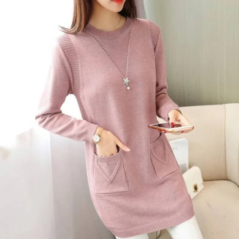 Pull Femme Tricot Mi-Long – Coupe Ample, Doublé Polaire, Style Coréen