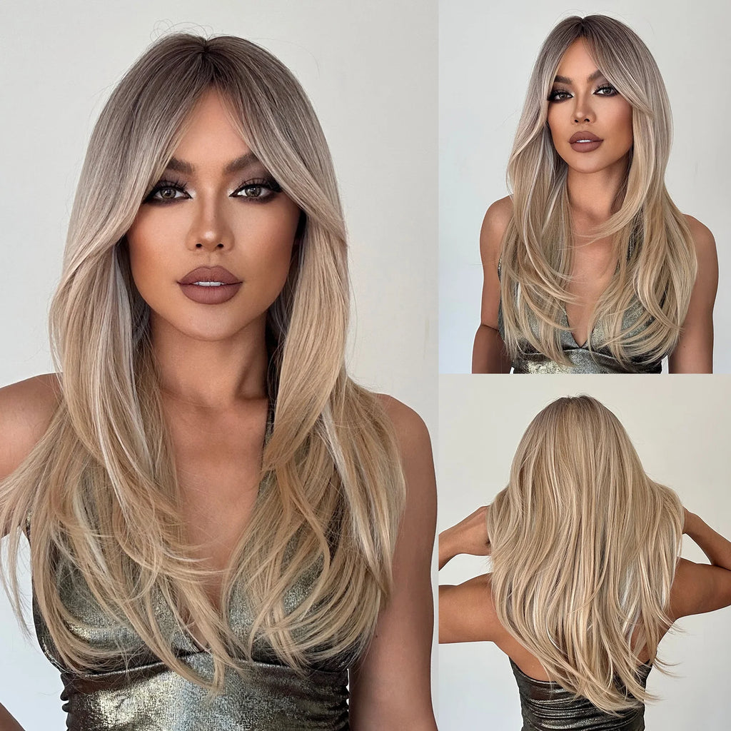 Long Blonde Wig – Straight Layered, Platinum Highlights, Bangs, Synthetic, Heat-Resistant, Daily Use