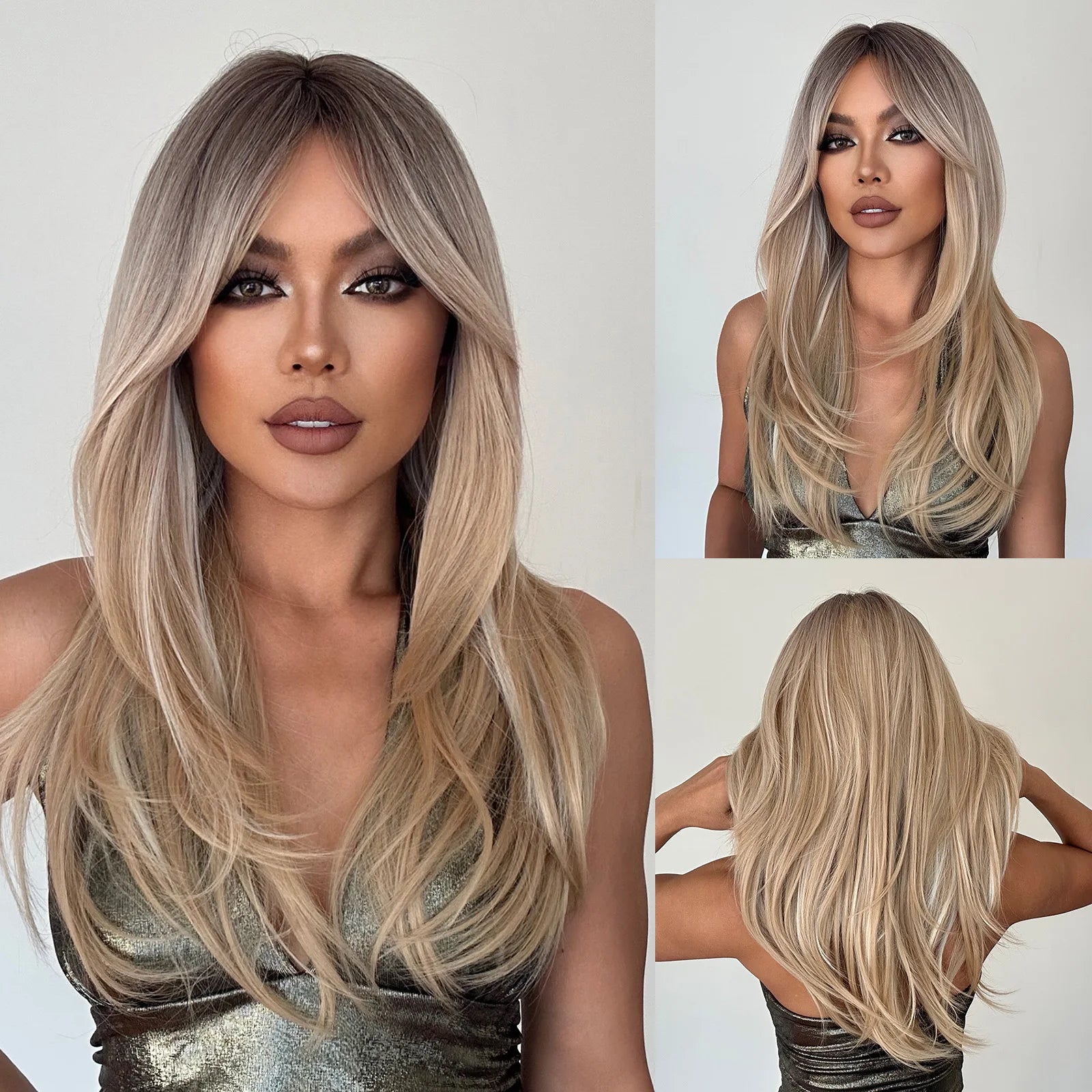 Long Blonde Wig – Straight Layered, Platinum Highlights, Bangs, Synthetic, Heat-Resistant, Daily Use