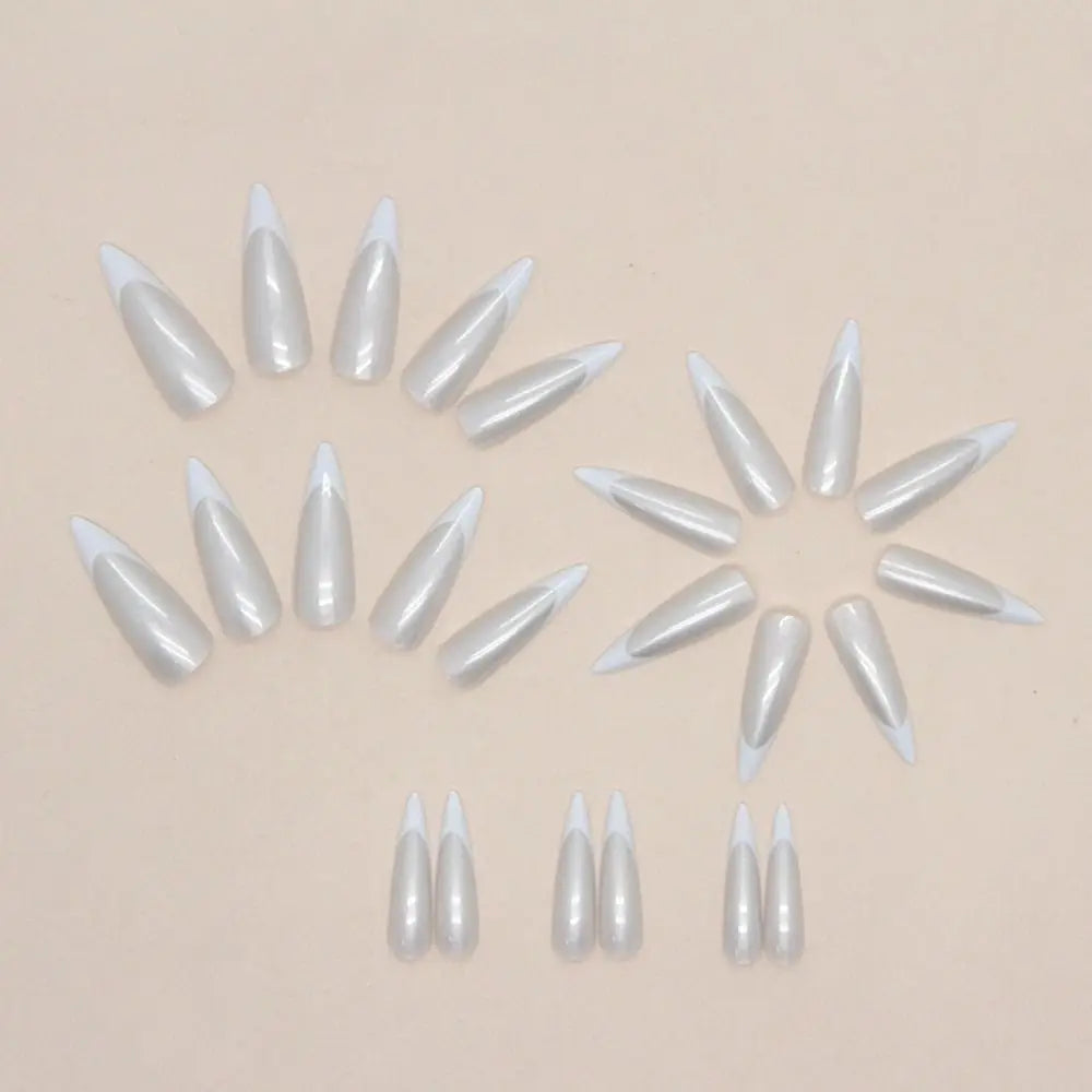 24PCS Stiletto French Fake Nails – White Edge, Aurora, Full Cover, Press-On, DIY Detachable