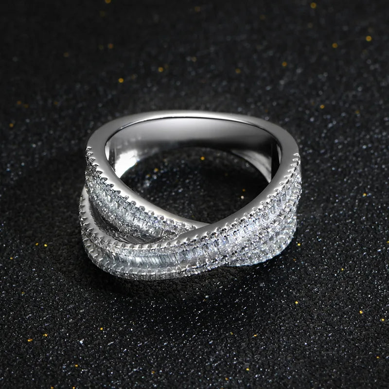 S925 Sterling Silver Double Layer Cross Full Diamond Ring Minimalist Stackable Statement Finger Jewelry for Women