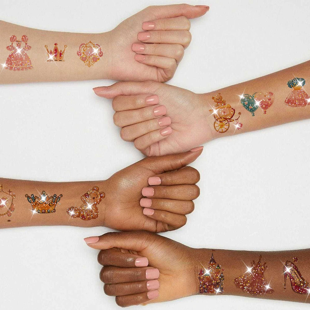Glitter Princess Temporary Tattoos – 10 Sheets, Cartoon Castle & Fairy Stickers
