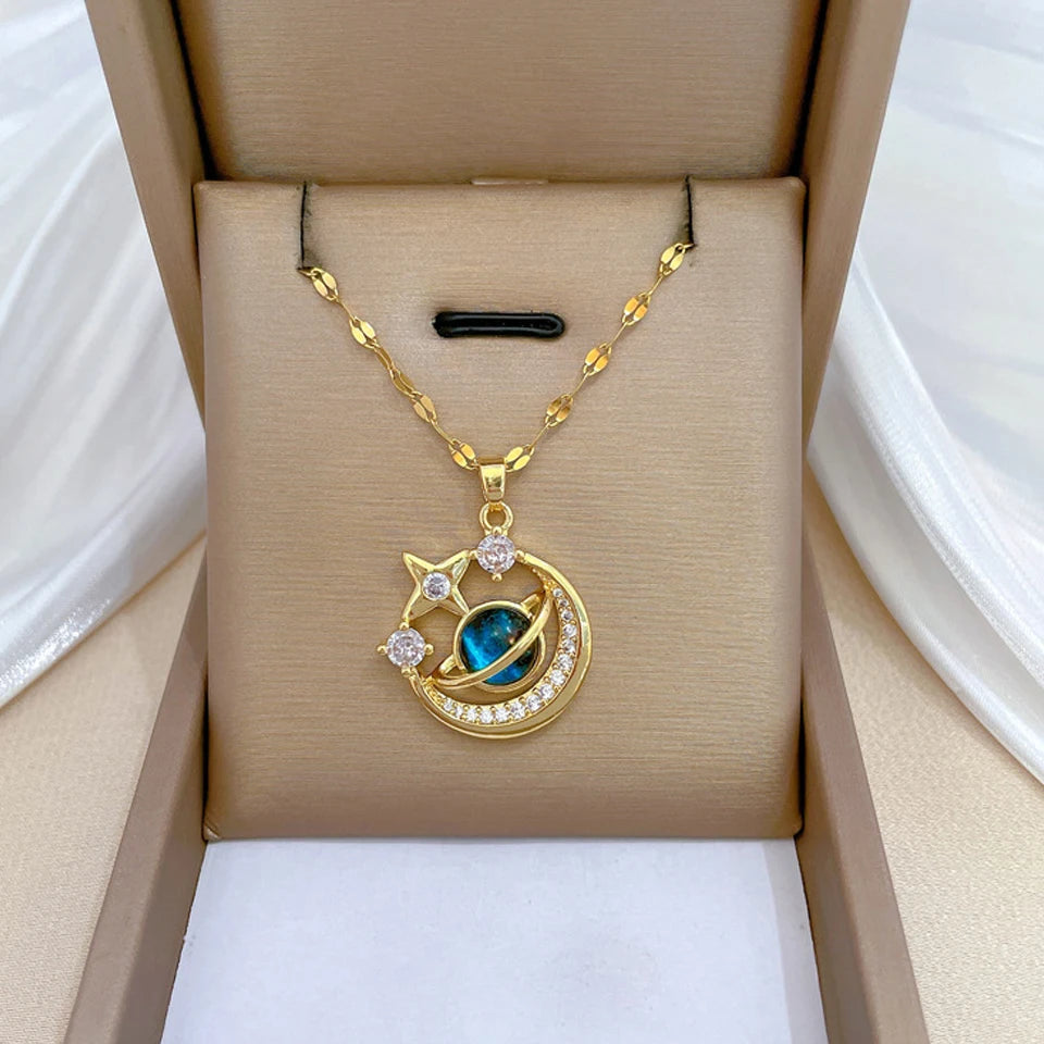 Gold Titanium Steel Star & Moon Astronaut Pendant Necklace