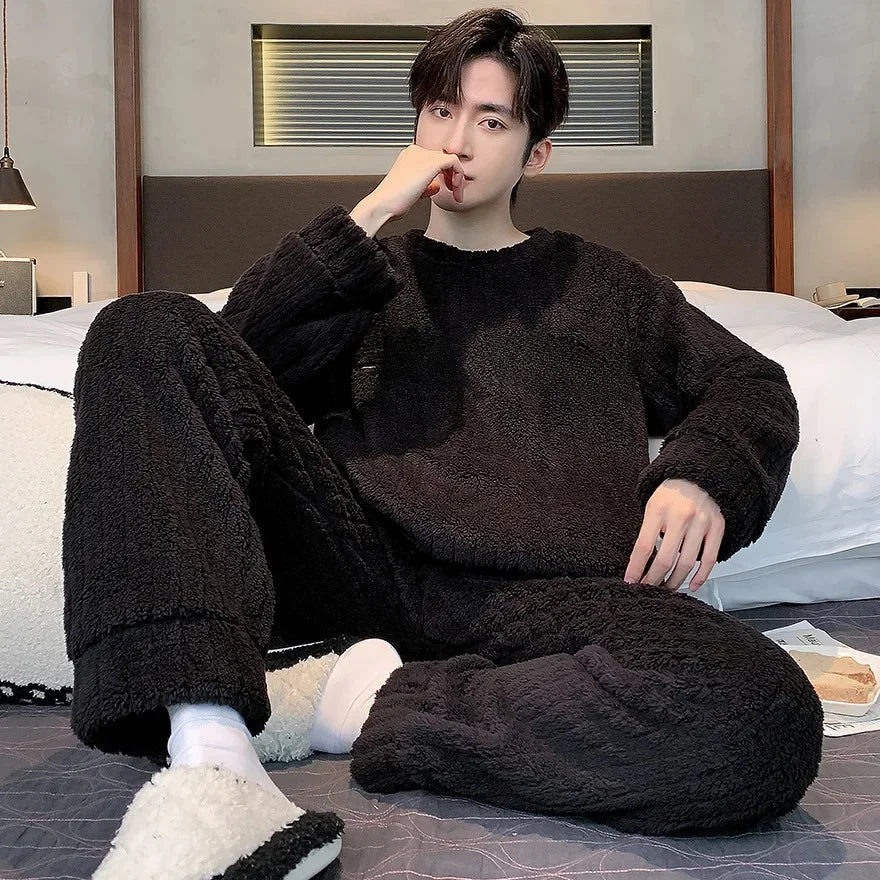 Men's Coral Fleece Pajamas – Thickened, Warm, Two-Piece, Autumn/Winter