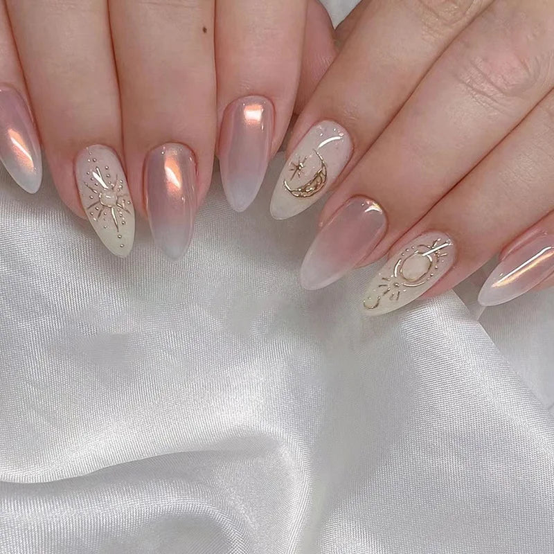 Medium Acrylic Almond Fake Nails – Removable Press-On, French Style, Europe/USA Design