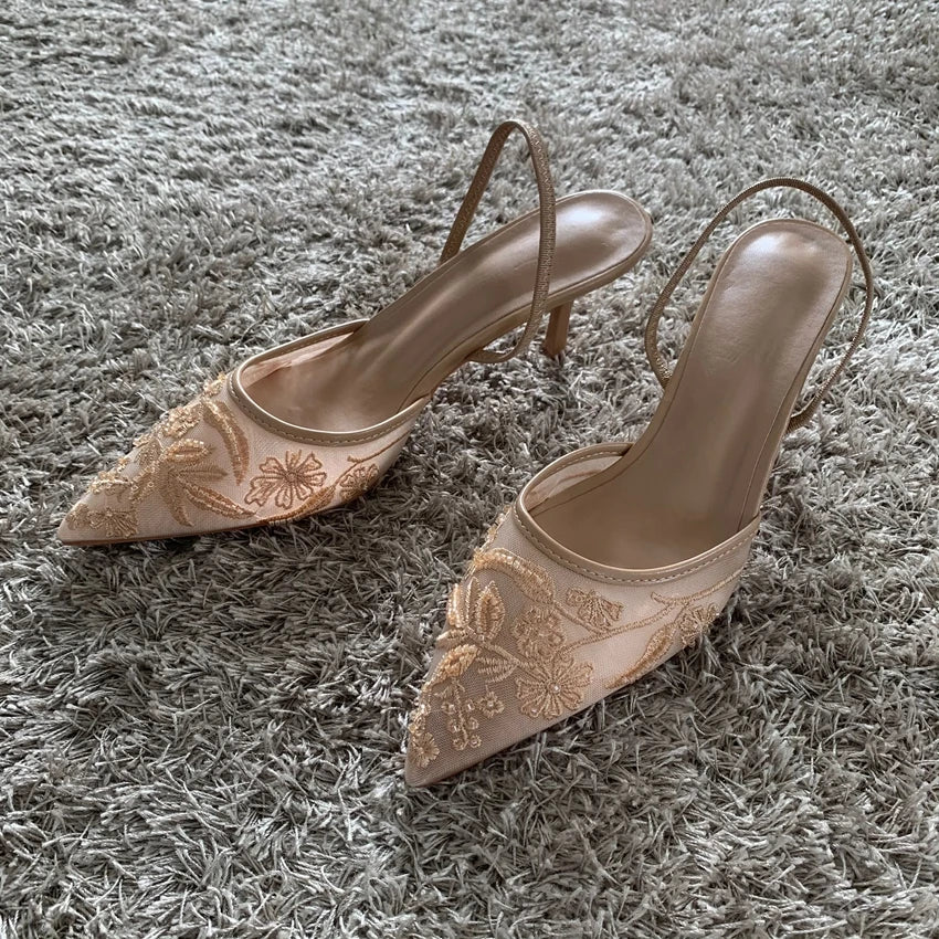Mesh Embroidered Beaded High Heel Sandals – Women’s Pointed Toe Slingback Mules