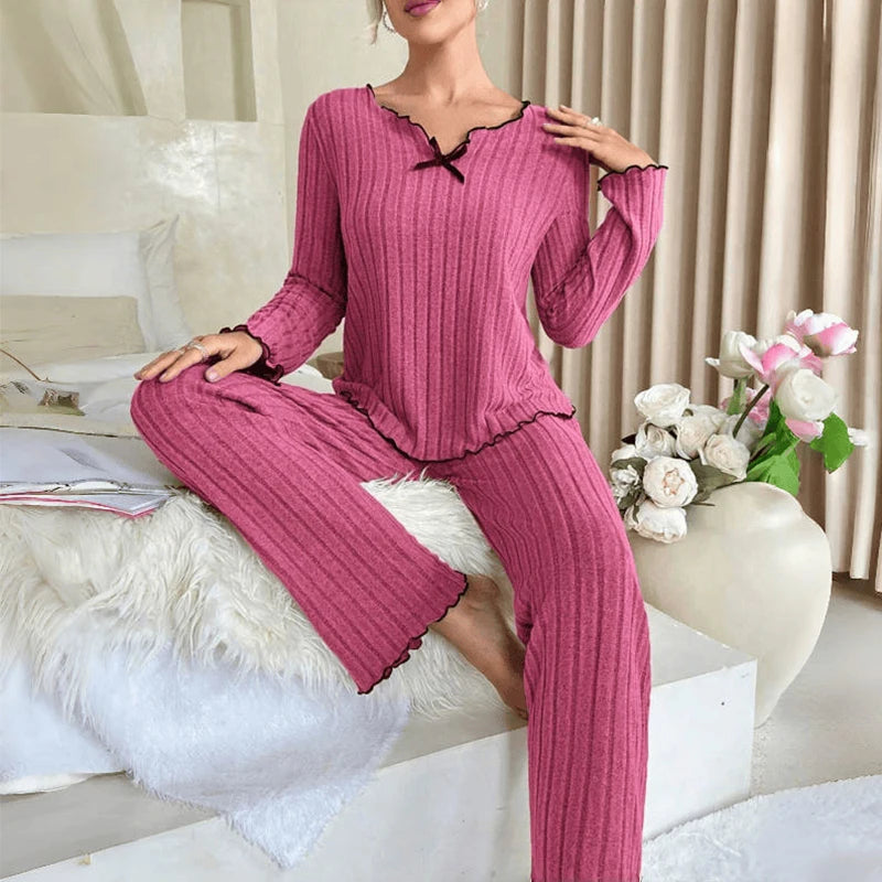Women Autumn Winter Sleepwear Ribbed Pajamas Set Long Sleeve Top and Long Pants 2 Piece Set Casual Homewear Loungewear