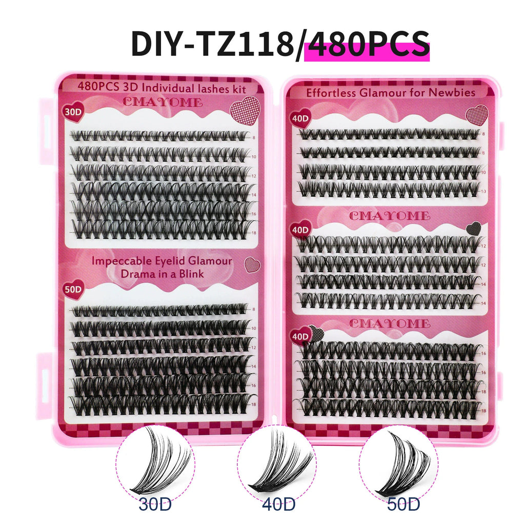 600PCS Eyelash Extensions – Thick Fluffy, 30D/100D, Mixed Length, DIY Cluster Lashes