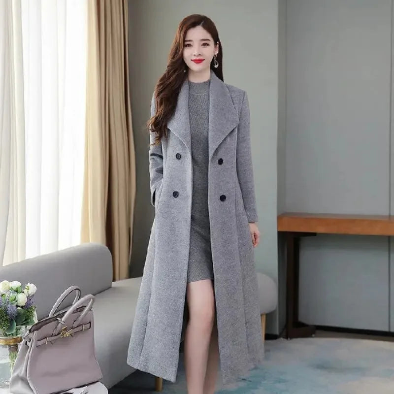 Manteau Femme Grande Taille – Long, Laine Épaissie, Col Long, Taille Slim, Printemps/Automne, Nouveau Style