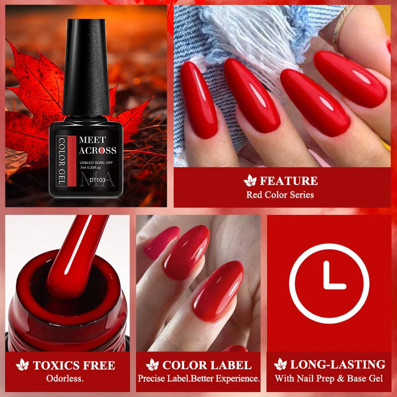 MEET ACROSS 7ml Red Gel Nail Polish – Crystal, Semi-Permanent, UV Soak-Off, Matte Top/Base Coat