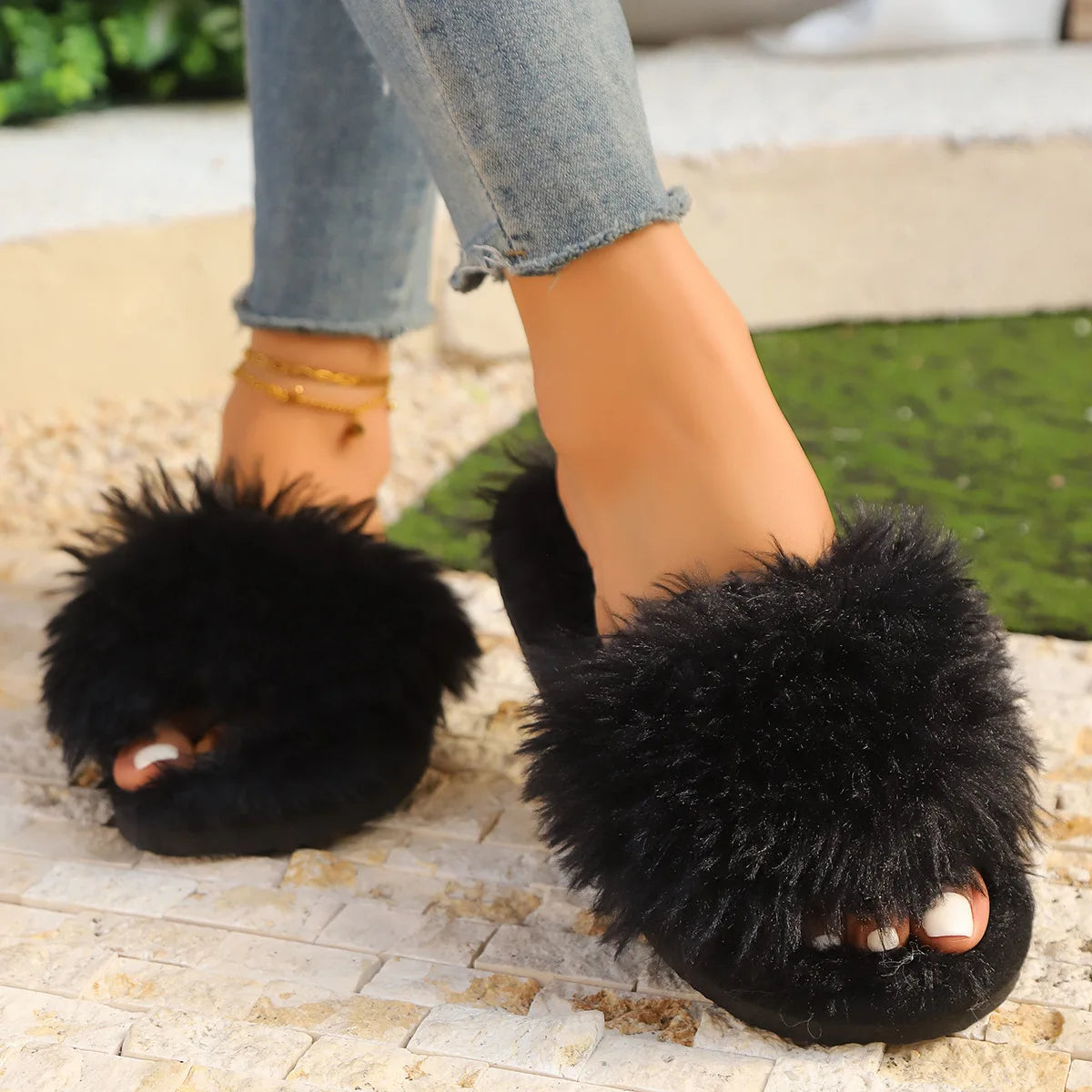 Cross Band Fluffy Fur Slippers – Cozy Open Toe Indoor Shoes for Women