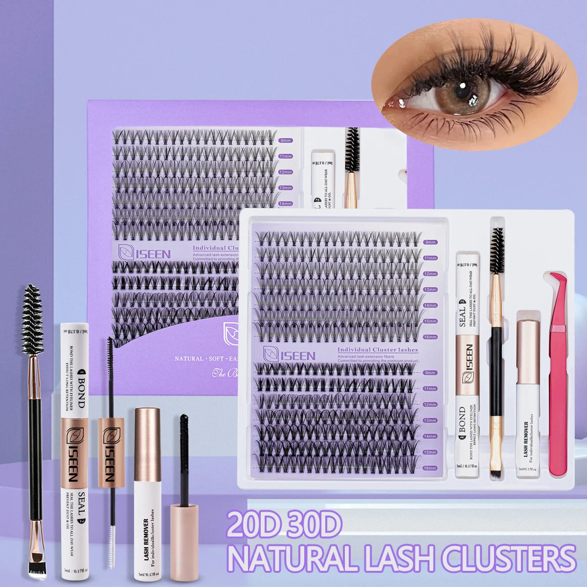 ISEEN DIY Lash Extension Kit – Mixed Styles, Clusters, Includes Bond & Seal, Tweezers & Brush