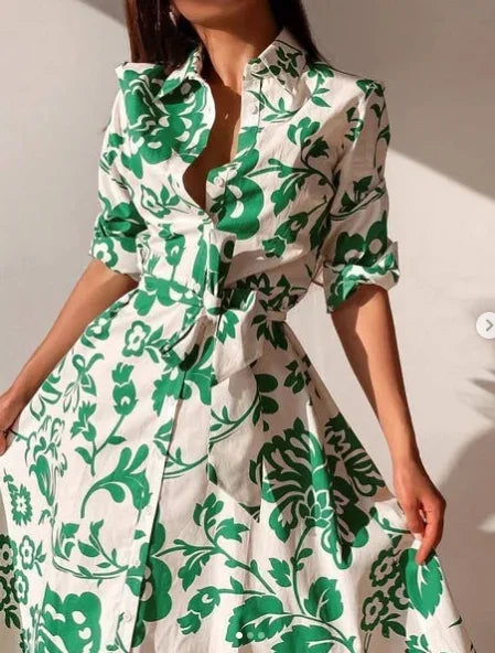 Autumn Women's Printed Lapel Shirt Dress