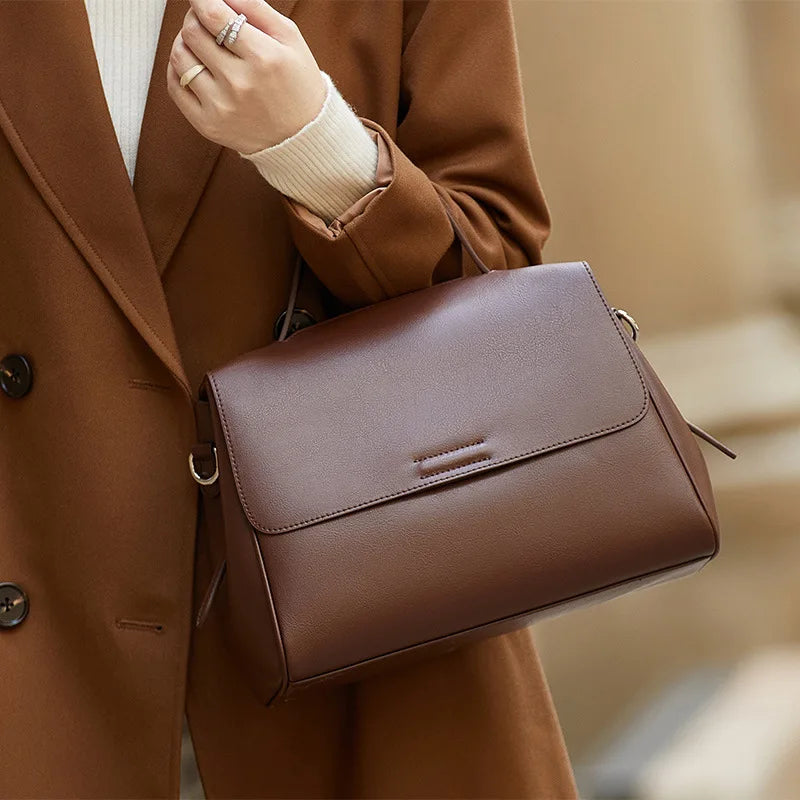 Solid Cowhide Handbag – Luxury Women’s Single-Shoulder Leather Bag