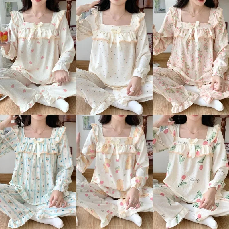 Cloud Cotton Women's Sleepwear Set – Long Sleeve Top & Pants with Chest Pad and Lace Detail