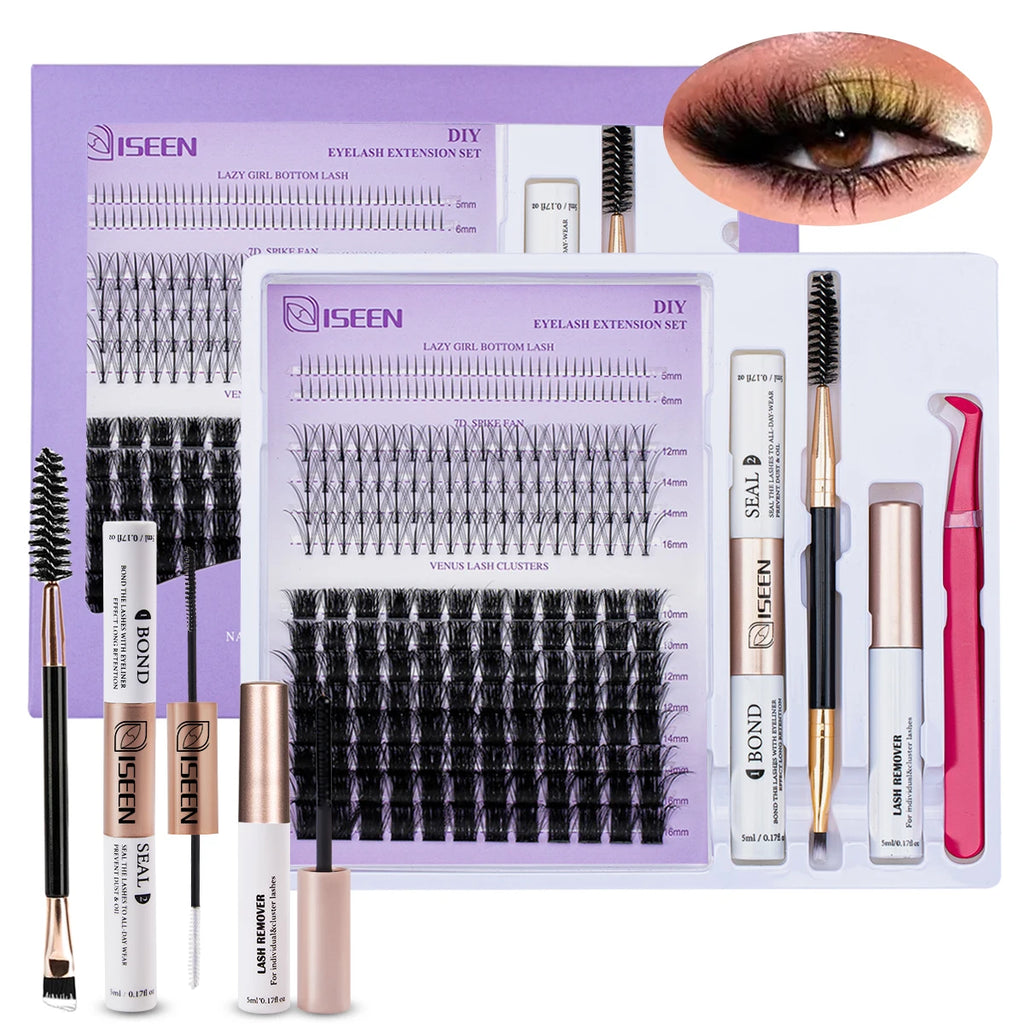 ISEEN DIY Lash Extension Kit – Mixed Styles, Clusters, Includes Bond & Seal, Tweezers & Brush