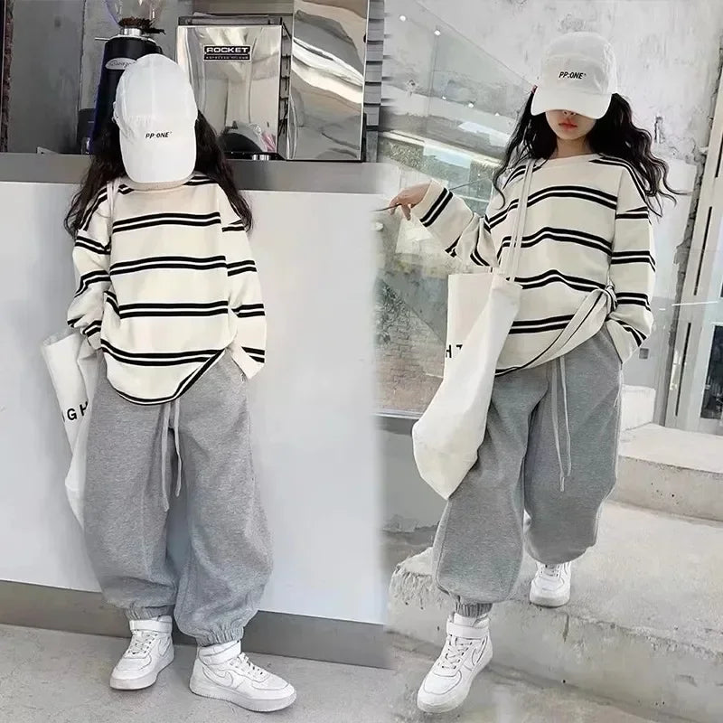 Korea Style Kids Outfit 2025 – 2-Piece, Long Sleeve Striped Top & Loose Pants, Girls 6–14Y
