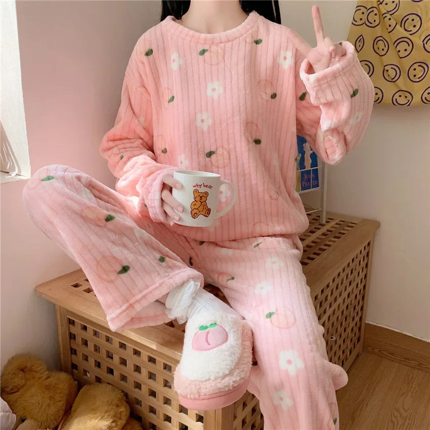 Cute Bear & Rabbit Pink Velvet Pajama Set