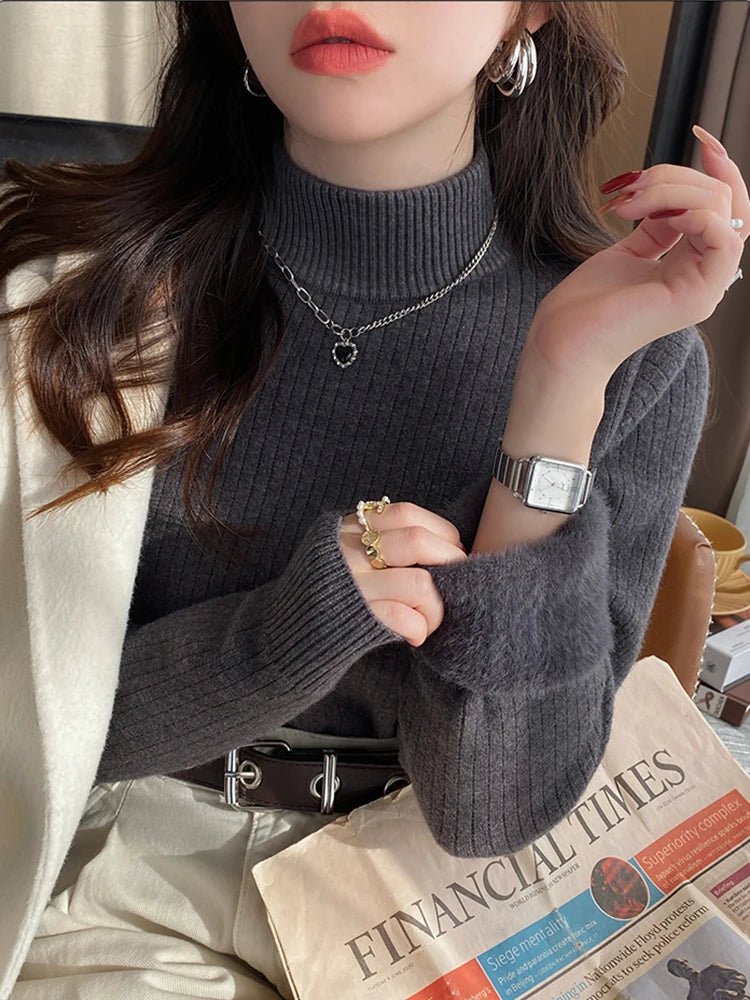 Pull Femme Col Roulé – Hiver , Rétro, Doublure Velours, Tricot Épaissi, Haut Thermique