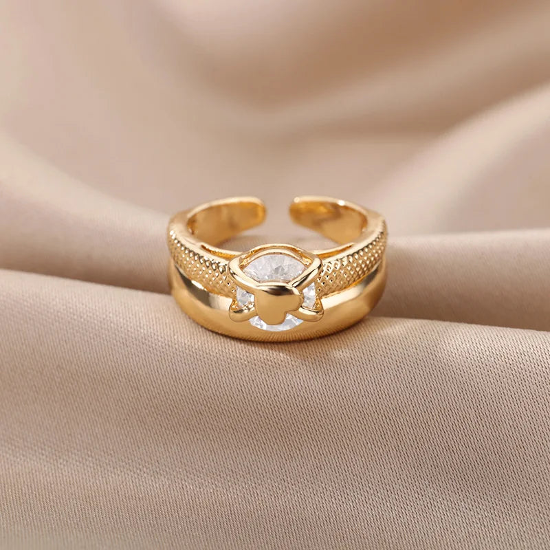 Gold Intertwined Heart Zircon Open Ring for Women