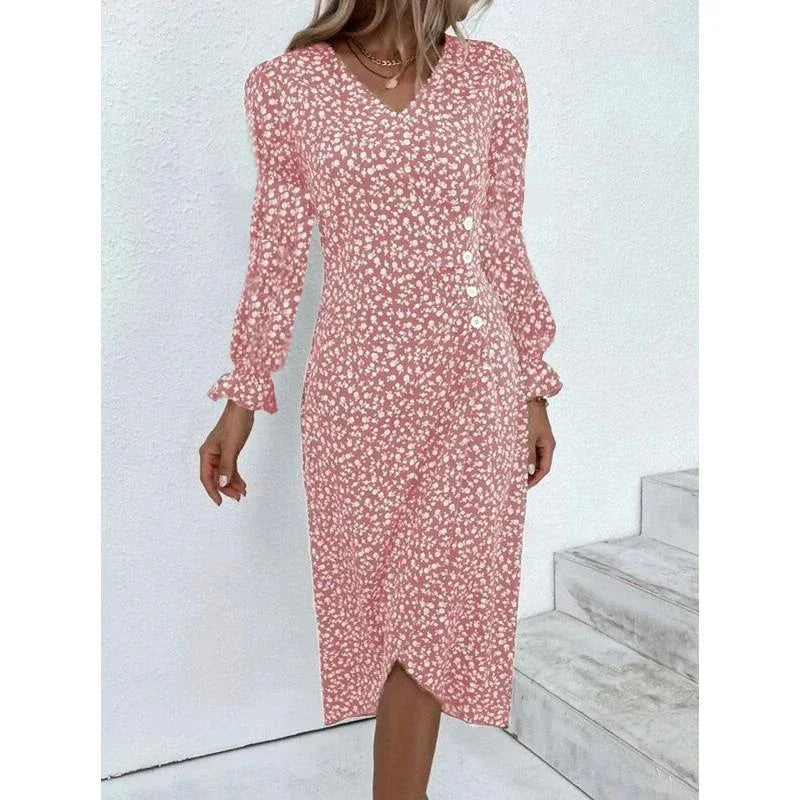 Floral Pleated Midi Dress with V-Neck & Puff Sleeves