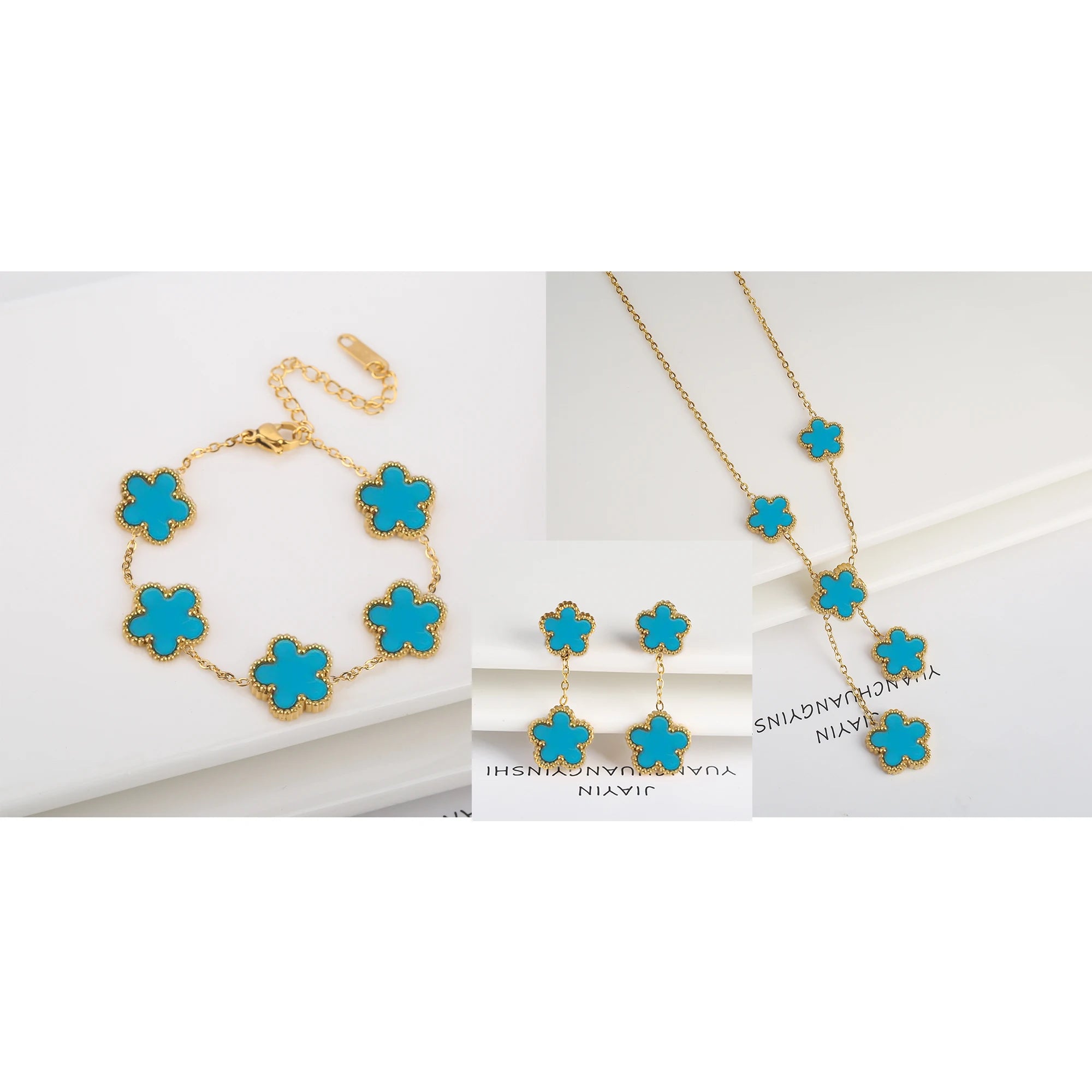 Clover Five Leaf Flower Stainless Steel Jewelry Set
Luxury Bracelet, Necklace & Earrings for Women