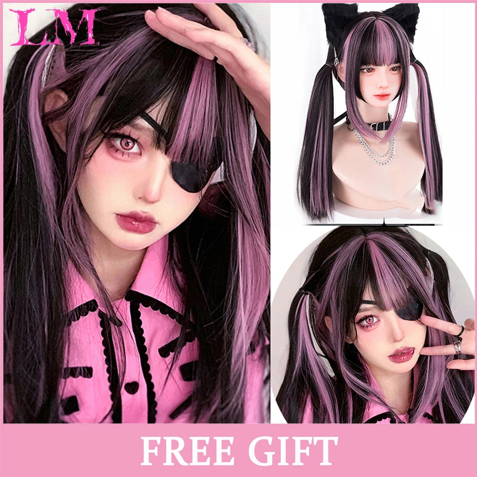 LM Cosplay Wig – 24" Long, Straight Pink, Bangs, Heat-Resistant