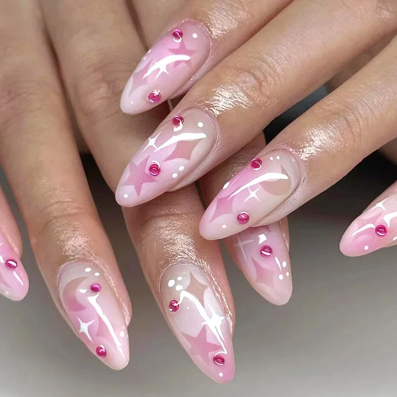Medium Acrylic Almond Fake Nails – Removable Press-On, French Style, Europe/USA Design