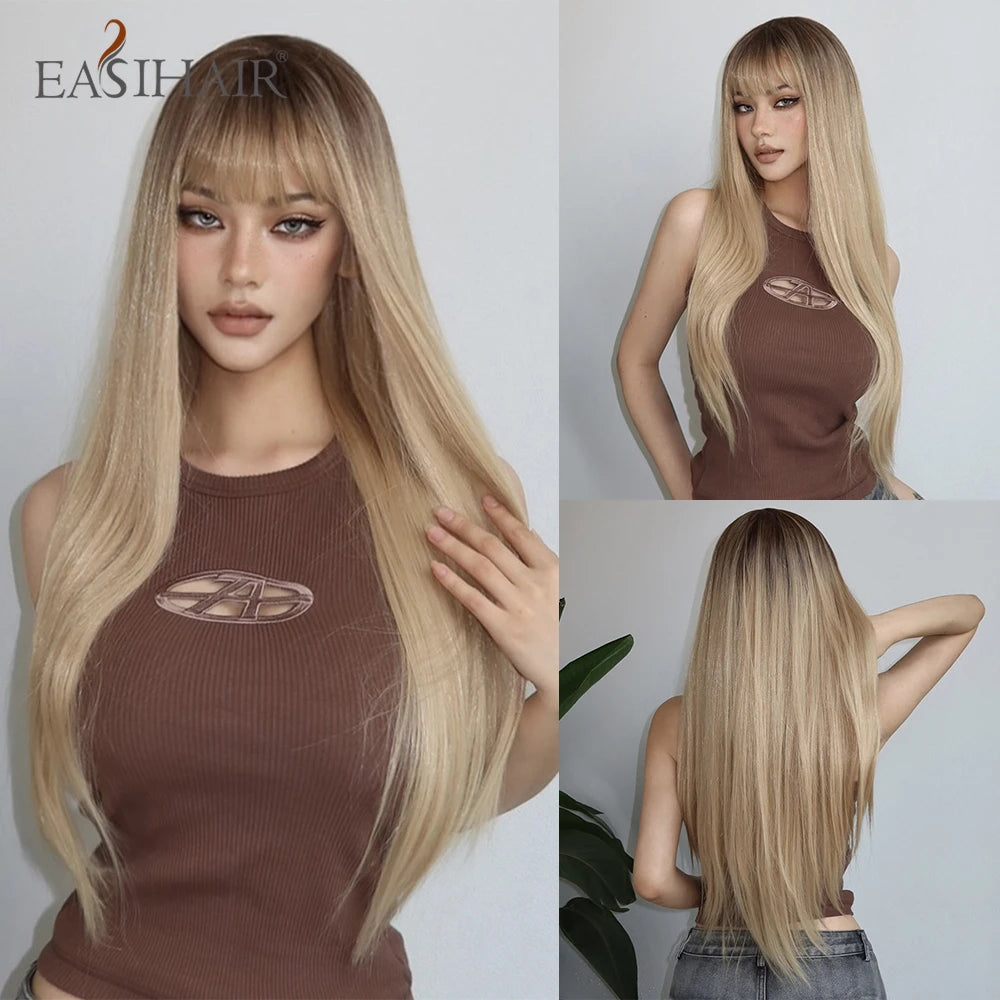 EASIHAIR Long Black Wig – Silky Straight, Bangs, Cosplay/Party, Heat-Resistant
