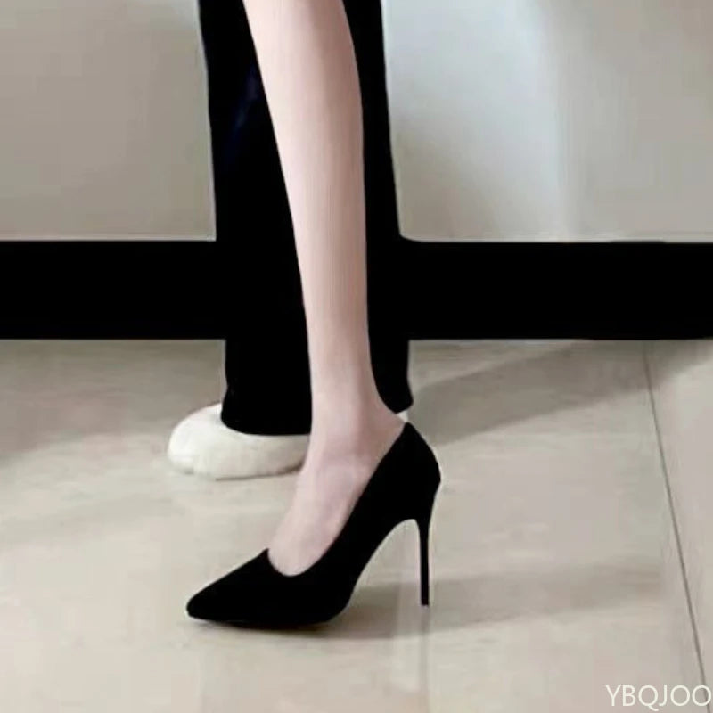 Women’s Black Pointed Suede High Heels – Elegant Shallow Pumps